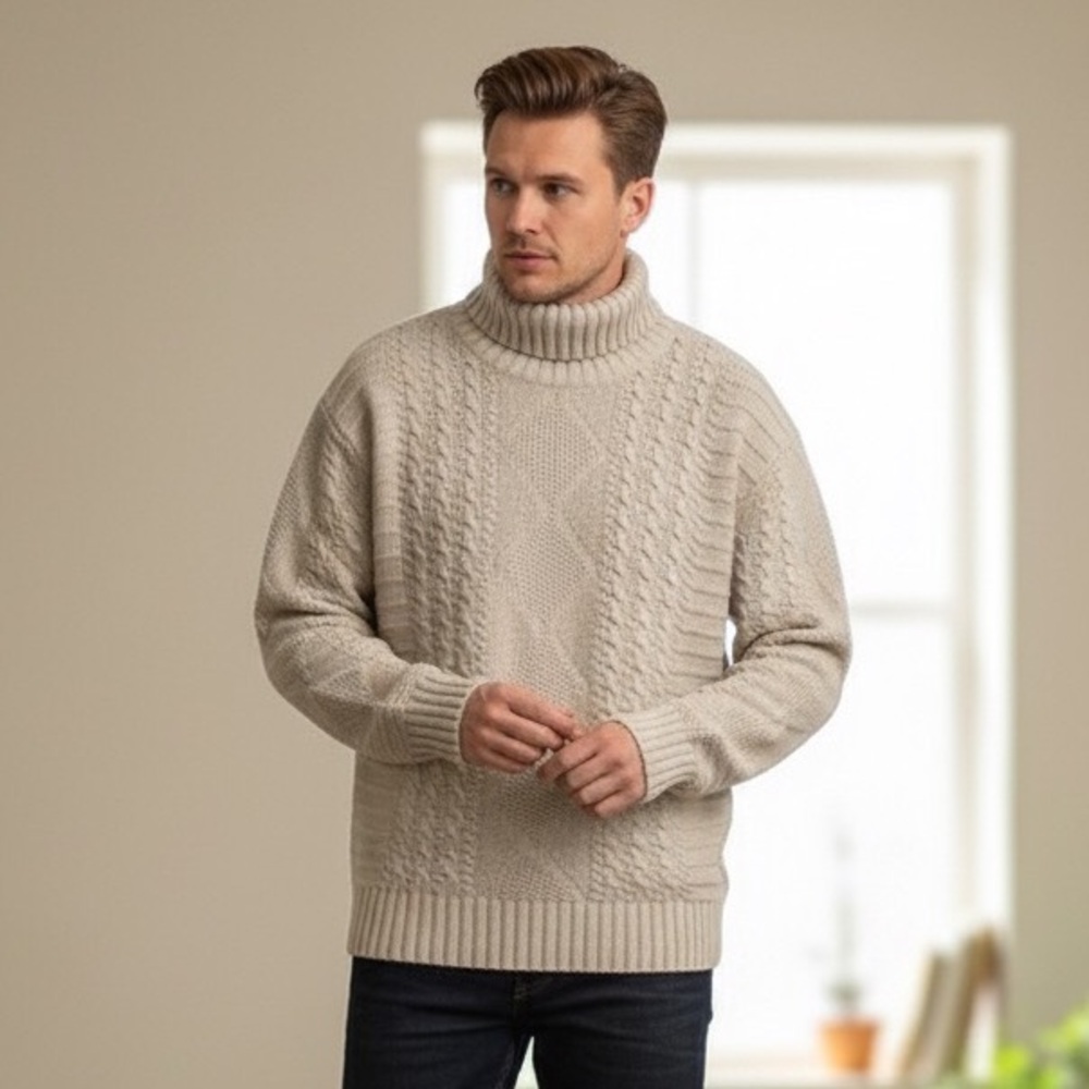 TIGER OF Sweden Men’s “Christophe” Oatmeal Knit Cable Turtleneck Sweater Size L